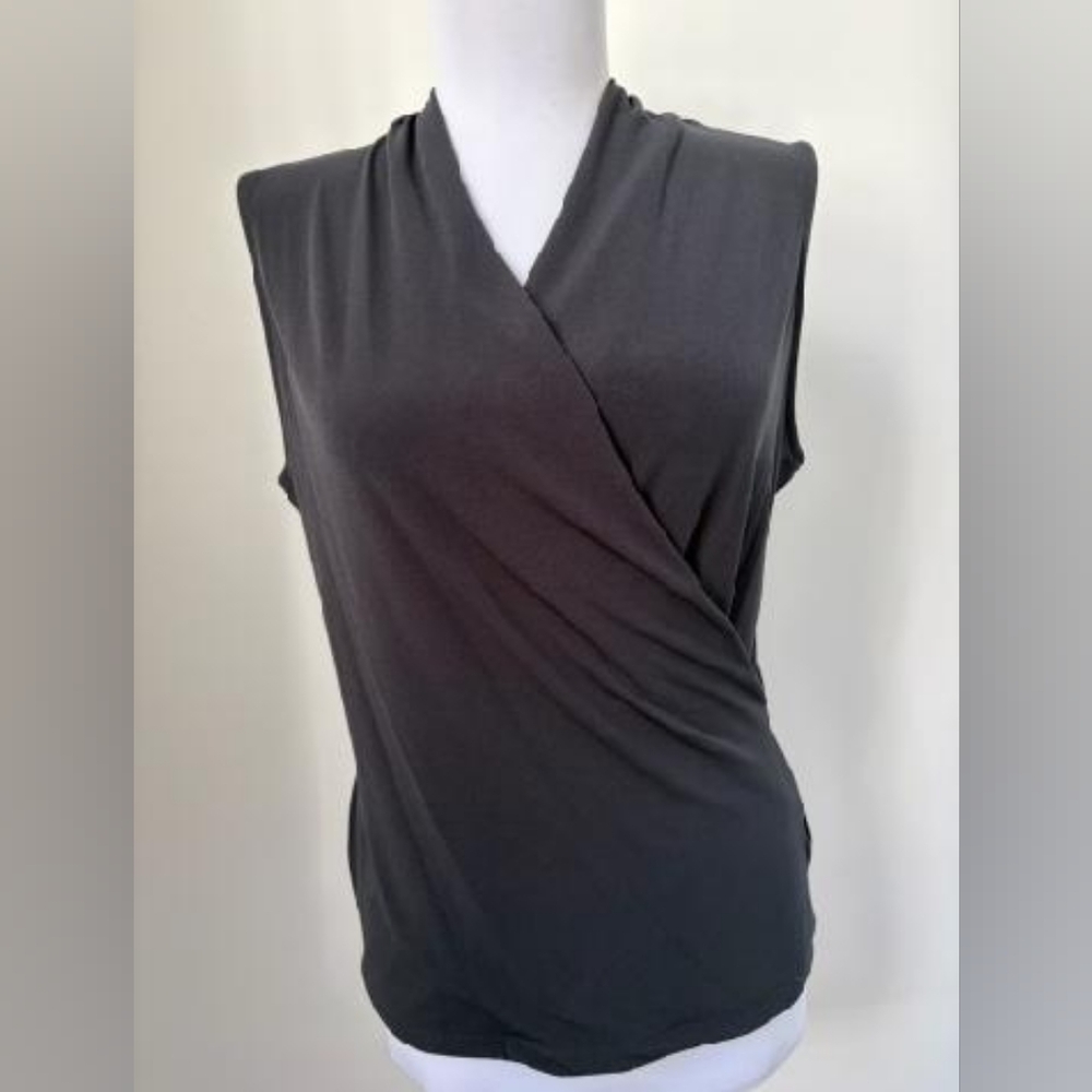 T Tahari Charcoal Sleeveless Wrap Blouse